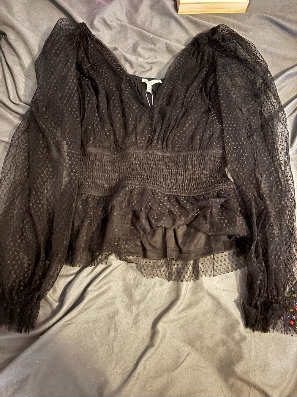 Pastels Black Sheer Dot Peplum Blouse with Smocked Waist